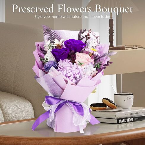 Flowers Gifts for Mom, Purple Flower for Delivery, Preserved Roses Bouquets, Purple Roses, Birthday Gifts for Women, Mothers Day Flowers for Wife Lasting Roses Bouquet in Kuwait