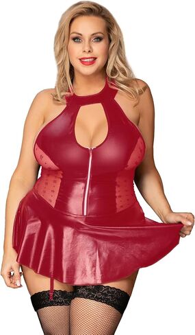 Ohyeah Pu Leather Lingerie بالإضافة إلى حجم الملابس الداخلية Babydoll مع حزام الرباط سحاب Lightwear Halter Dress S-2xl in Kuwait
