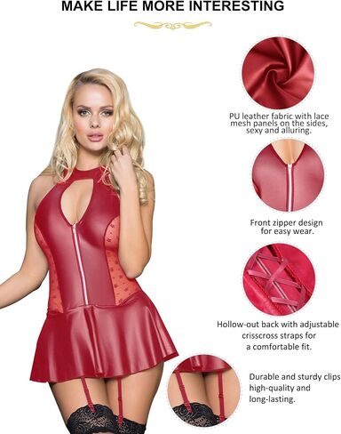 Ohyeah Pu Leather Lingerie بالإضافة إلى حجم الملابس الداخلية Babydoll مع حزام الرباط سحاب Lightwear Halter Dress S-2xl in Kuwait