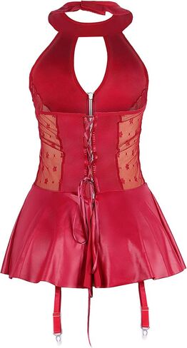 Ohyeah Pu Leather Lingerie بالإضافة إلى حجم الملابس الداخلية Babydoll مع حزام الرباط سحاب Lightwear Halter Dress S-2xl in Kuwait