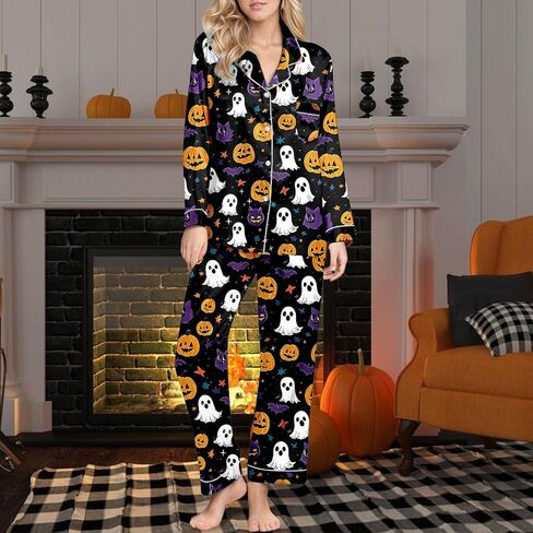 Halloween PJS سراويل نساء مجموعة الحرير ساتان بيجاماس صالة 2 قطعة سقوط الزي لأسفل مطابقة ملابس النوم in Kuwait