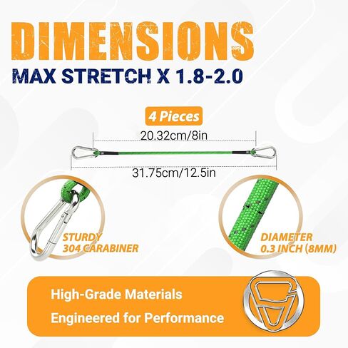 sprookber 8 Inch Bungee Cords with Stainless Steel Carabiner, Heavy Duty Strong Bungee Cords for Camping, Tarps, Bike Rack, Hand Carts etc, Set of 4 in Kuwait