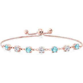 Gem Stone King 18K Rose Gold Plated Silver Swiss Blue Topaz and White Moissanite Infinity Links Bracelet For Women (2.99 Cttw, Round 4.5MM, Fully Adjustable Up to 9 Inch)