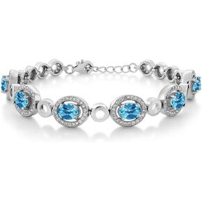 Gem Stone King 925 Sterling Silver Swiss Blue Topaz Tennis Bracelet For Women (7.92 Cttw, Oval Checkerboard 7X5MM, 7 Inch with 1 Inch Extender)