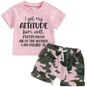 WZTYYDS Toddler Kids Baby Girl Summer Clothes 1T 2T 3T 4T 5T Letter Print Short Sleeve T-Shirt Tops Camouflage Shorts Outfits