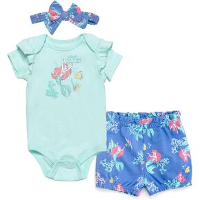 Disney Princess Ariel Belle Tiana Baby Girls Bodysuit Bubble Shorts and Headband 3 Piece Outfit Set Newborn to Infant