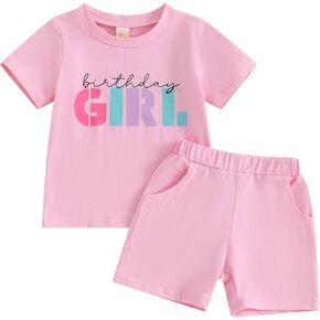 Baby Birthday Girl Outfit Birthday Girl Print Short Sleeve T-Shirt Elastic Shorts Summer Princess 2 Piece Clothes
