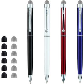 ChaoQ Stylus Pen, 4 Pcs Hybrid Mesh Fiber Tip Stylus Pens and Ballpoint Pens for Touch Screen Devices with 6 Extras Mesh Fiber Tips 6 Rubber Tips (4 Pens and 12 Tips) - Black, White, Red, Blue