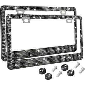 TZARROT Black Bling License Plate Frames for Women Men 2 Pack, Premium Glass Black Rhinestone Diamond License Plate Frame, Stainless Metal Black Sparkly License Plate Frames, Bling Car Accessories