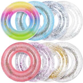 Elcoho 8 Pieces 36 Inches Inflatable Pool Floats Colorful Glitter Pool Tubes Transparent Swimming Ring Pool Floats Toy for Summer Beach, Pool Supplies