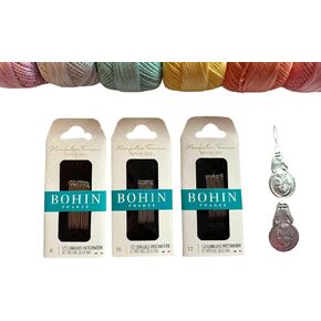 Bohin Sharps Quilting Needles, Bundle of 3 Sizes for Hand Quilting Sewing and Crafts Sizes 8, 10, & 12, Fine Eurpoean Quality with Threader.