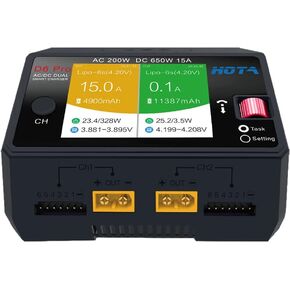 HOTA D6 Pro Lipo Battery Charger AC/DC Dual Channel Smart Charger AC200W / DC650W (325W*2) 15A Balance Charger for RC Lipo LiHv Nicd NiMH Battery Charging RC Car RC Boat FPV Race Drone Parts