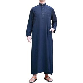 QYUU Men's Saudi Arabic Thobe Jubba Dishdasha Long Sleeve Robe Ramadan Muslim Dress Middle East Islamic Clothing