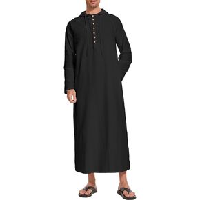 NANAMEEI Thobe for Men Linen Hooded Mens Kaftan Big and Tall Arabic Men Thobe Caftan for Men