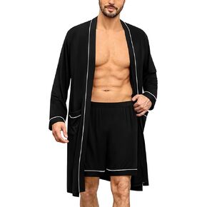 SWOMOG Mens Modal Robe with Shorts Set 2 Pcs Long Sleeve Kimono Bathrobe Soft Pjs Set Loungewear with Pockets