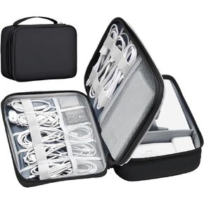 miloocul Large Capacity Electronics Accessories Organizer Travel Case with Adjustable Divider Waterproof Leather Cord Organizer Case Shockproof Tech Organizer Case (Black, Single Layer)