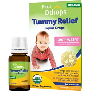 Ddrops Baby Tummy Relief Liquid Drops, Organic Gripe Water for Newborns, Relief from Gas, Colic, Fussiness and Hiccups, Just One Drop, Herbal Ingredients, 120 Drops