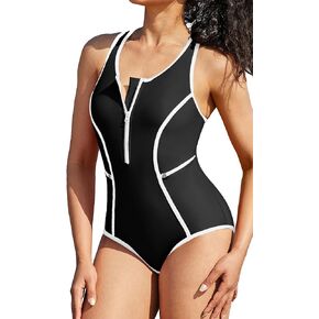 beautyin Women Zipper One Piece Swimsuit Athletic Racerback Bathing Suit with Pockets