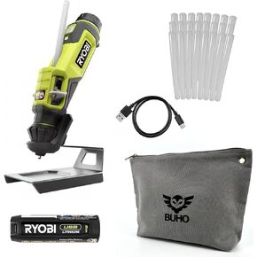 Portable Lithium Glue Pen Kit Bundle with Ryobi Cordless Glue Pen, 24 Pack of Glue Sticks, Buho Zipper Tool Pouch, 2.0 Ah USB Lithium Battery, Charging Cable, and Drip Tray Stand