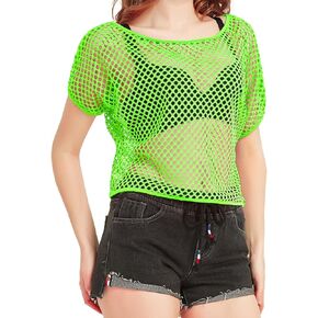 WILDPARTY Women Casual Sexy 80s Costumes Fishnet Neon Off Shoulder Top Mesh Short Sleeves T Shirts Sheer Blouse (Green-M)