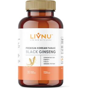 LivNu | Premium Korean Black Panax Ginseng | High Ginsenosides for Energy, Focus, Performance, Stamina, and Immune Support | Vegan Pills