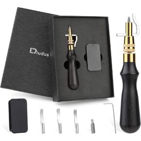 DIUDUS 7 in 1 Portable Adjustable Stitching Groover Leather Groover Leather Skiving Tool, Leather Carving Kit Leathercraft Kits, Leather Carving Cutting Edge Tools, Wood & Steel Hand Tool