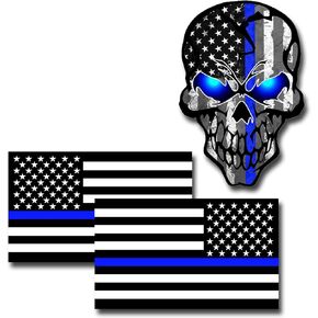 3PCS Reflective American Flag Thin Blue Line Sticker, Thin Blue Line Skull Decal, Police Stickers Blue Lives Matter Sticker, Back The Blue Car Decal Law Enforcement Flag Car Bumper Window