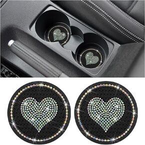 AICEL Heart Bling Car Coasters, 2 PCS Universal 2.75 Inch Sparkly Rhinestone Car Cup Holders Insert Coasters, Anti-Slip Cute Drink Cup Mat, Car Accessories Interior Decor Gift for Women (Black)