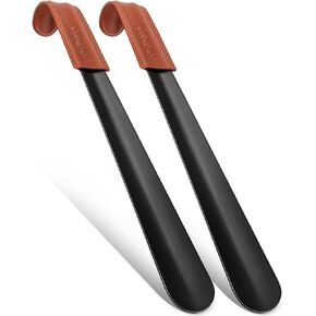 NINEMAX Shoe Horn Long Handle for Seniors - 16.5" Metal Boot Horn with Leather Handle for Men and Women (Pack of 2)