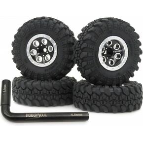 hobbysoul Adjustable Offset 1/24 Wheels and Tires Silver Color, 1.0 Tires & Negative Offset Heavy 1.0 Beadlock Wheels Rims for 1:24 RC Crawler Axial SCX24 & 1/18 TRX4M,(4-Pack, Assembled)