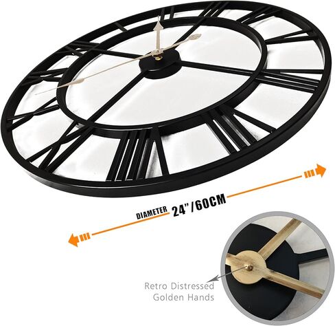 ساعة حائط معدنية كبيرة بسمك 24 بوصة، ساعات صناعية لتزيين المنزل بأرقام رومانية كبيرة، ساعة كبيرة الحجم لديكور غرفة المعيشة، تعمل بالبطارية (أسود روماني) in Kuwait