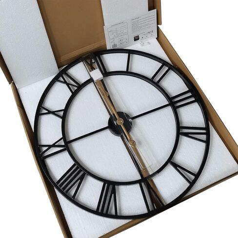 ساعة حائط معدنية كبيرة بسمك 24 بوصة، ساعات صناعية لتزيين المنزل بأرقام رومانية كبيرة، ساعة كبيرة الحجم لديكور غرفة المعيشة، تعمل بالبطارية (أسود روماني) in Kuwait