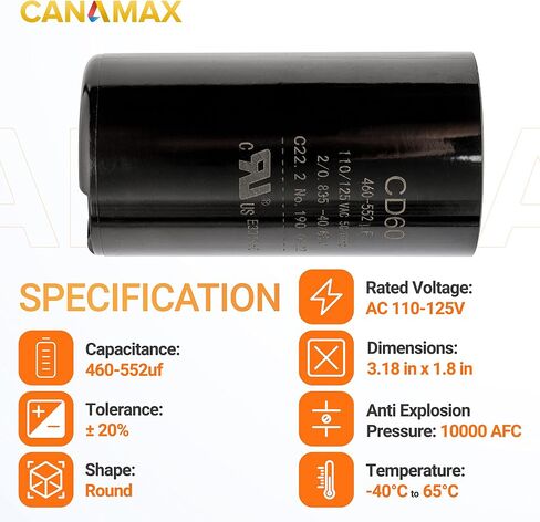 Canamax 708-850 MFD uf 50/60 هرتز 110-125 فولت تيار متردد مكثف بدء مستدير - بديل لتشغيل محرك التيار المتردد أو تشغيل المروحة ومكيف الهواء البارد أو الحراري - يستبدل 11028 11928 PMJ708 PMJ708A in Kuwait