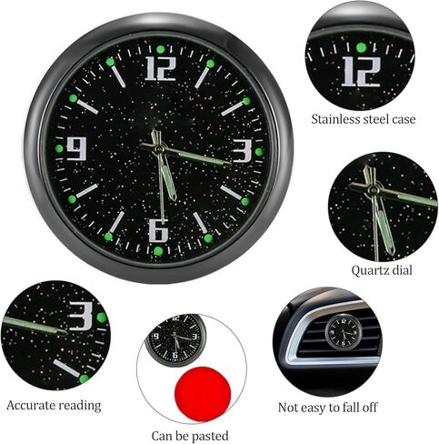 ساعة سيارة تناظرية من Shudyear، ساعات صغيرة تعمل بالبطارية، ساعة صغيرة صغيرة مضيئة بفتحة تهوية للسيارة للوحة القيادة والقارب والدراجة المركزية (أسود مع قاعدة) in Kuwait