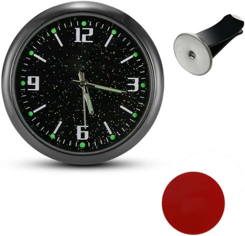 ساعة سيارة تناظرية من Shudyear، ساعات صغيرة تعمل بالبطارية، ساعة صغيرة صغيرة مضيئة بفتحة تهوية للسيارة للوحة القيادة والقارب والدراجة المركزية (أسود مع قاعدة) in Kuwait