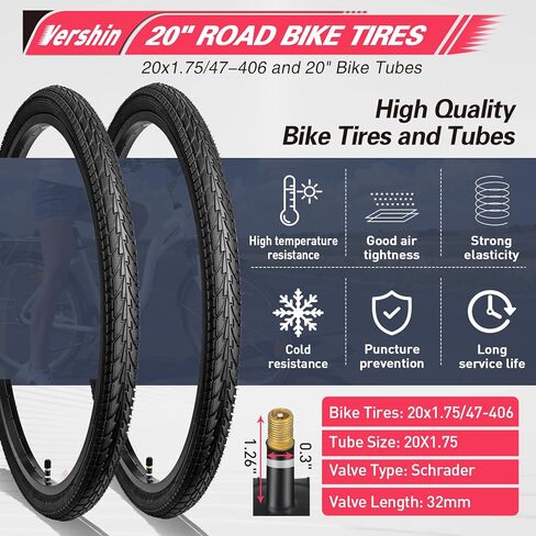 إطارات دراجة مقاس 20 بوصة مقاس 20x1.75/47-406 و20 بوصة صمام شريدر مع رافعتين للإطارات متوافقة مع إطارات وأنابيب الدراجة/الدراجات مقاس 20 × 1.65 20 × 1.70 20 × 1.75 20 × 1.80 in Kuwait