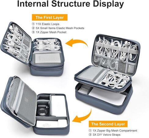 miloocul Large Capacity Electronics Accessories Organizer Travel Case with Adjustable Divider Waterproof Leather Cord Organizer Case Shockproof Tech Organizer Case (Black, Single Layer) in Kuwait