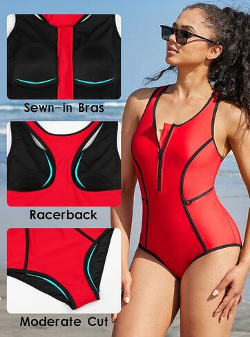 beautyin Women Zipper One Piece Swimsuit Athletic Racerback Bathing Suit with Pockets in Kuwait