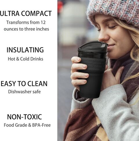 ZEYENNEYEZ Collapsible Silicone Coffee Cup/Mug, 350 ml/12oz, Reuseable Travel Mug, Silicone Folding Cup with Lid, BPA Free, Dishwasher Safe, For Hot or Cold Beverages, Non-Toxic in Saudi Arabia