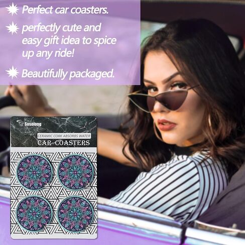 Sosolong 4PCS Car Coasters for Cup Holders - Absorbent Car Coasters Car Accessories 2.56" Ceramic Coasters with Cork Back and Finger Slot, Drink Cup Holder Coasters to Keep it Clean and Dry (Marble) in Saudi Arabia