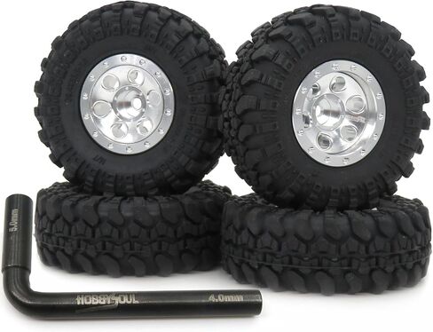 hobbysoul Adjustable Offset 1/24 Wheels and Tires Silver Color, 1.0 Tires & Negative Offset Heavy 1.0 Beadlock Wheels Rims for 1:24 RC Crawler Axial SCX24 & 1/18 TRX4M,(4-Pack, Assembled) in Saudi Arabia