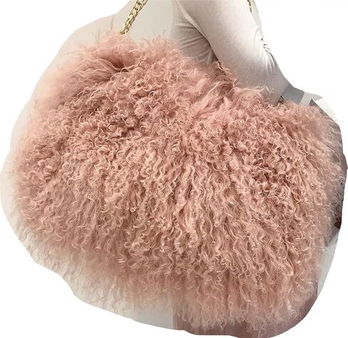 ME-01 Big Fluffy Fur Handbag With Real Mongolian Lamb Fur Long Curly Hair And Long Exchangeable Silver Chain Luxury Shoulder Bag Furry Clutch For Women (One Size, Apricot) in Kuwait