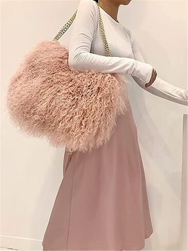 ME-01 Big Fluffy Fur Handbag With Real Mongolian Lamb Fur Long Curly Hair And Long Exchangeable Silver Chain Luxury Shoulder Bag Furry Clutch For Women (One Size, Apricot) in Kuwait