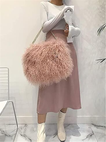 ME-01 Big Fluffy Fur Handbag With Real Mongolian Lamb Fur Long Curly Hair And Long Exchangeable Silver Chain Luxury Shoulder Bag Furry Clutch For Women (One Size, Apricot) in Kuwait
