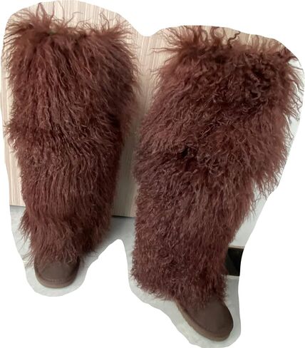 FurinFashion Over Knee High Mongolian Fur Boots Laides Boot with True Tibetan Fluffy Hairy Big Long Curly Hair For Girls Woman's Women Adults Size Skinning Winter Snowing Warm Shoes Flat Boots Blue Grey Pink Color (6, Khaki) in Kuwait