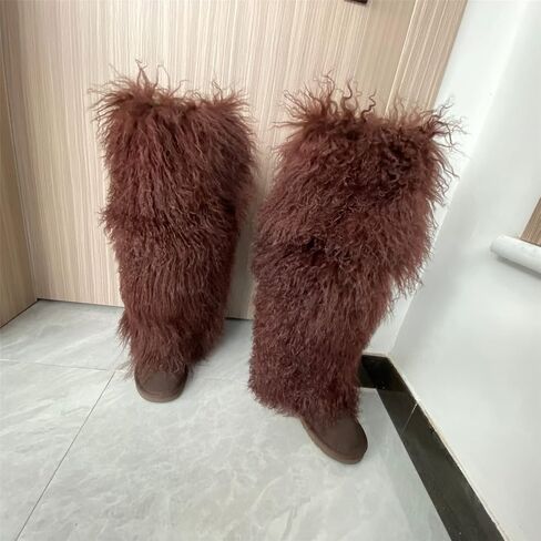 FurinFashion Over Knee High Mongolian Fur Boots Laides Boot with True Tibetan Fluffy Hairy Big Long Curly Hair For Girls Woman's Women Adults Size Skinning Winter Snowing Warm Shoes Flat Boots Blue Grey Pink Color (6, Khaki) in Kuwait