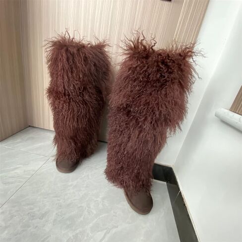 FurinFashion Over Knee High Mongolian Fur Boots Laides Boot with True Tibetan Fluffy Hairy Big Long Curly Hair For Girls Woman's Women Adults Size Skinning Winter Snowing Warm Shoes Flat Boots Blue Grey Pink Color (6, Khaki) in Kuwait