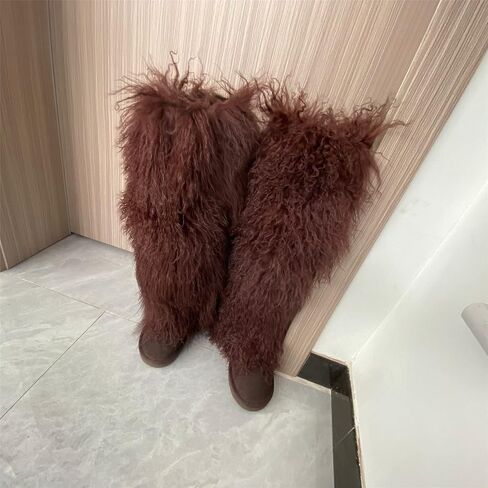 FurinFashion Over Knee High Mongolian Fur Boots Laides Boot with True Tibetan Fluffy Hairy Big Long Curly Hair For Girls Woman's Women Adults Size Skinning Winter Snowing Warm Shoes Flat Boots Blue Grey Pink Color (6, Khaki) in Kuwait