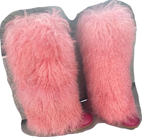 FurinFashion Over Knee High Mongolian Fur Boots Laides Boot with True Tibetan Fluffy Hairy Big Long Curly Hair For Girls Woman's Women Adults Size Skinning Winter Snowing Warm Shoes Flat Boots Blue Grey Pink Color (6, Khaki) in Kuwait
