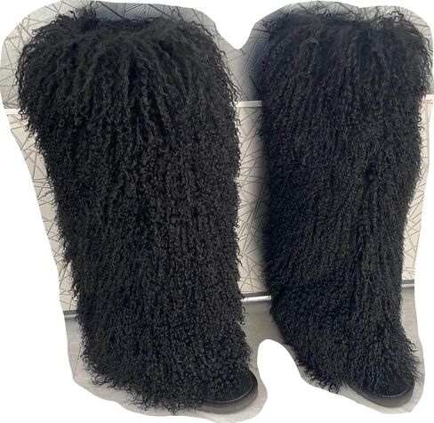 FurinFashion Over Knee High Mongolian Fur Boots Laides Boot with True Tibetan Fluffy Hairy Big Long Curly Hair For Girls Woman's Women Adults Size Skinning Winter Snowing Warm Shoes Flat Boots Blue Grey Pink Color (6, Khaki) in Kuwait